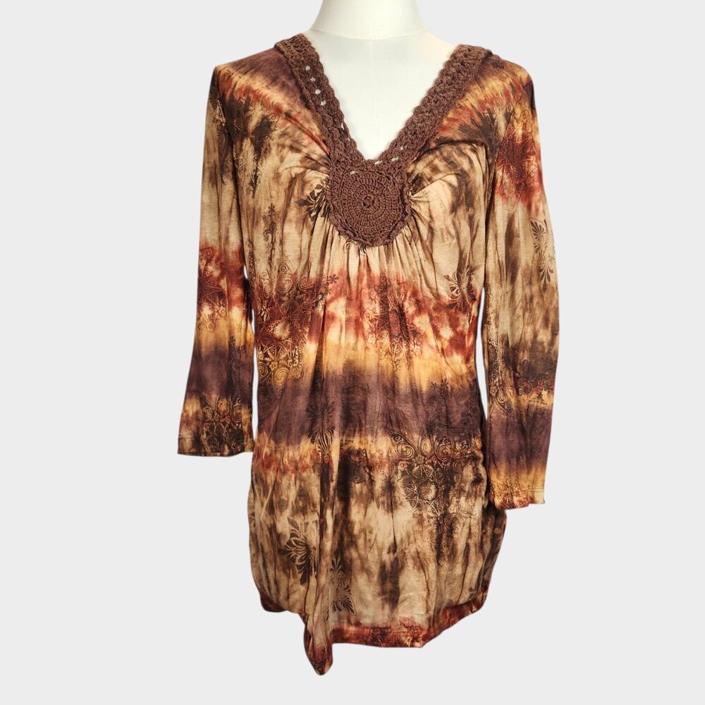 Y2K Vintage Babydoll Festival V-Neck Top Long Sleeve Hippie Boho XL Made In‎ USA